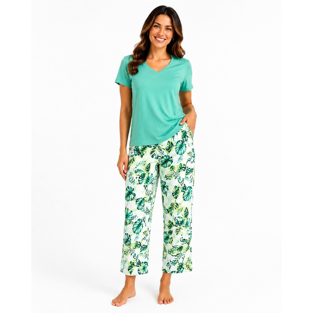 Stan Herman Printed Peached 2pc Cropped Pant Lounge Set. Tropical Palm: M #58"